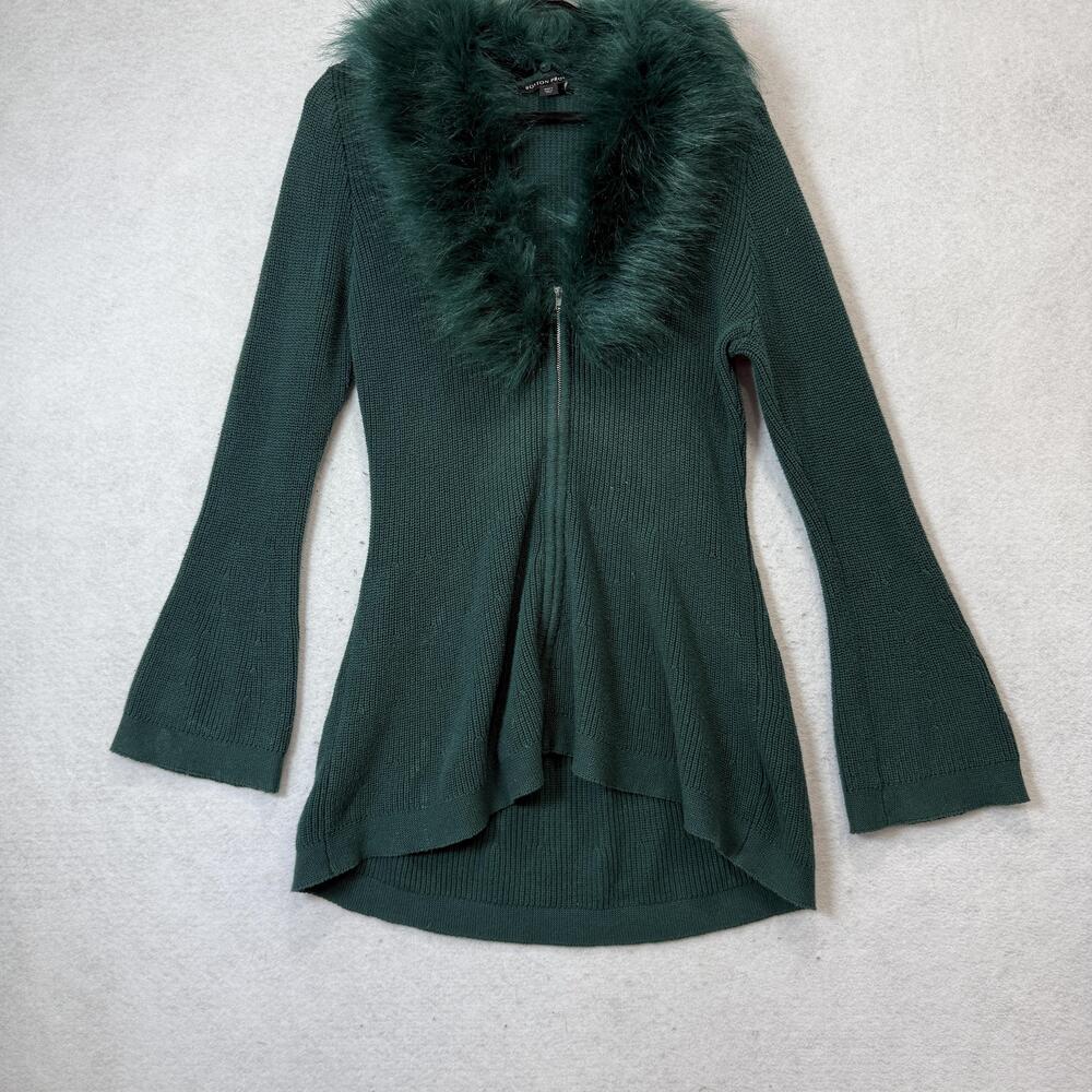 Boston Proper Cardigan Sweater Womens Large Green Faux Fur Collar Zip Knit